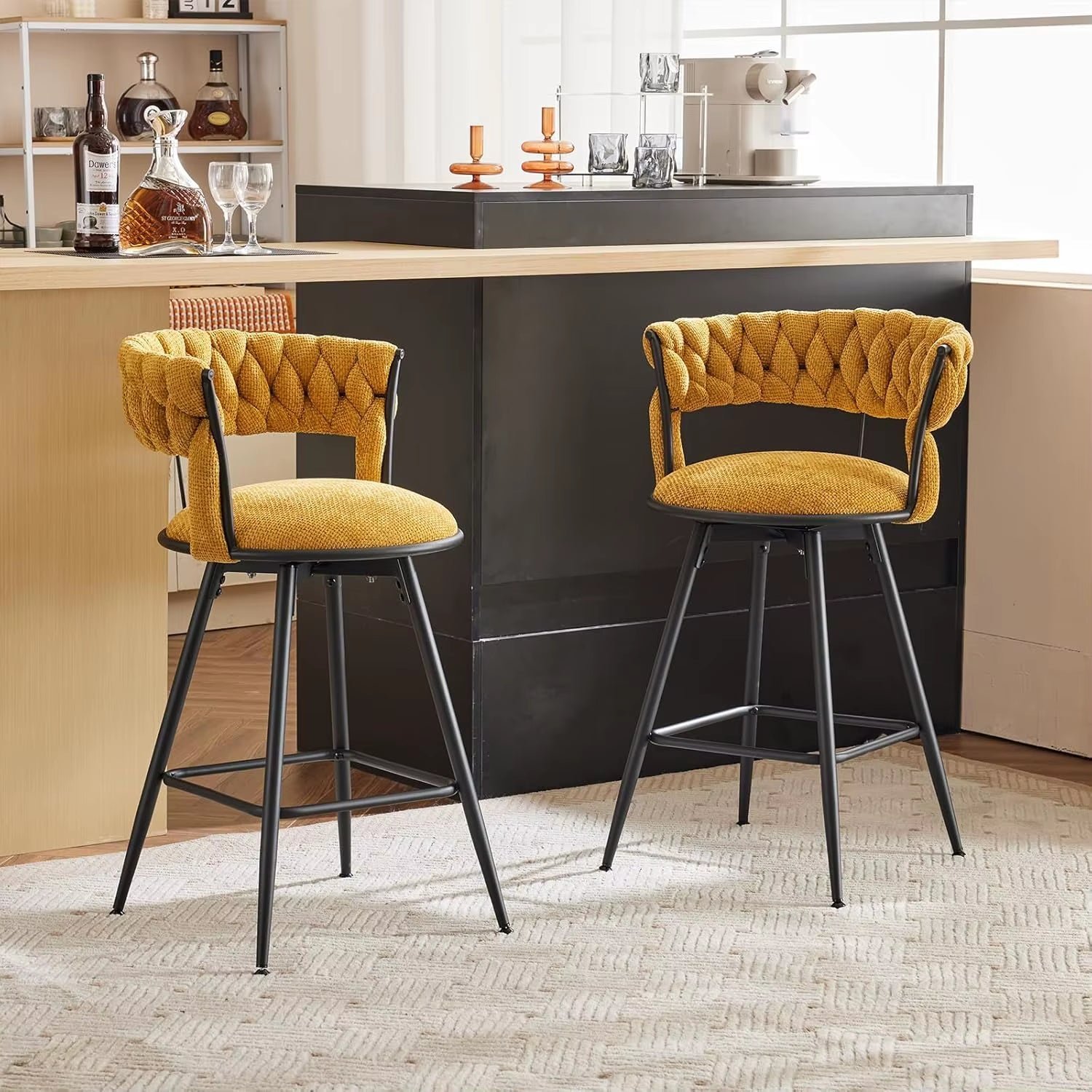 26" Bar Stools with Hand-Woven Upholstery & Backrest